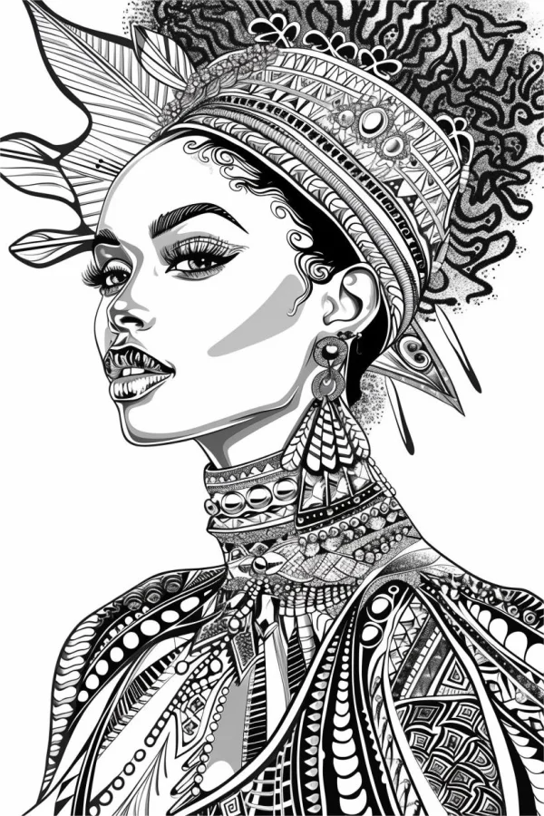 African tribal style woman, african ethnic art style — free printable africa coloring book page