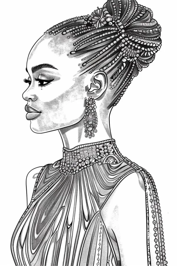 Coloring book page, elegant african-style woman in profile — free printable africa coloring book page