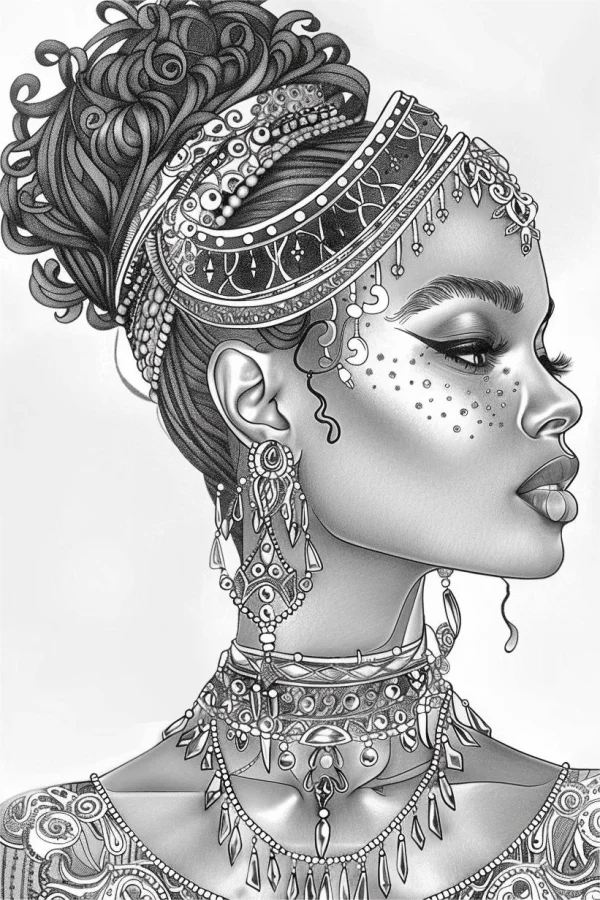 African woman with ornate ethnic jewelry, african tribal style — free printable africa coloring book page