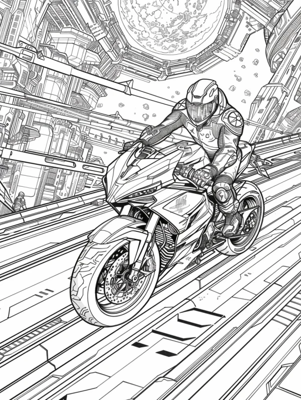 Futuristic motorcycle rider in cyberpunk city, cyberpunk sci-fi style — free printable motorcycles coloring book page
