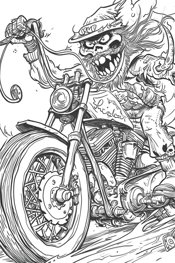 Fantasy monster riding a motorcycle, cartoon style — free printable motorcycles coloring book page