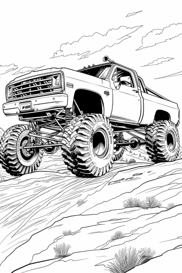 Modified off-road monster truck, realistic sketch style — free printable off-road coloring book page