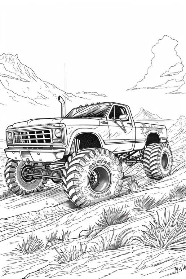 Bigfoot off-road truck, realistic illustration style — free printable outdoor adventure coloring book page