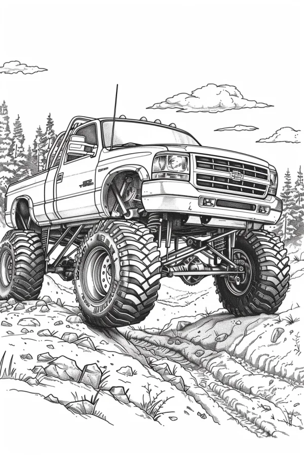 Modified off-road pickup truck, realistic line art style — free printable off-road coloring book page