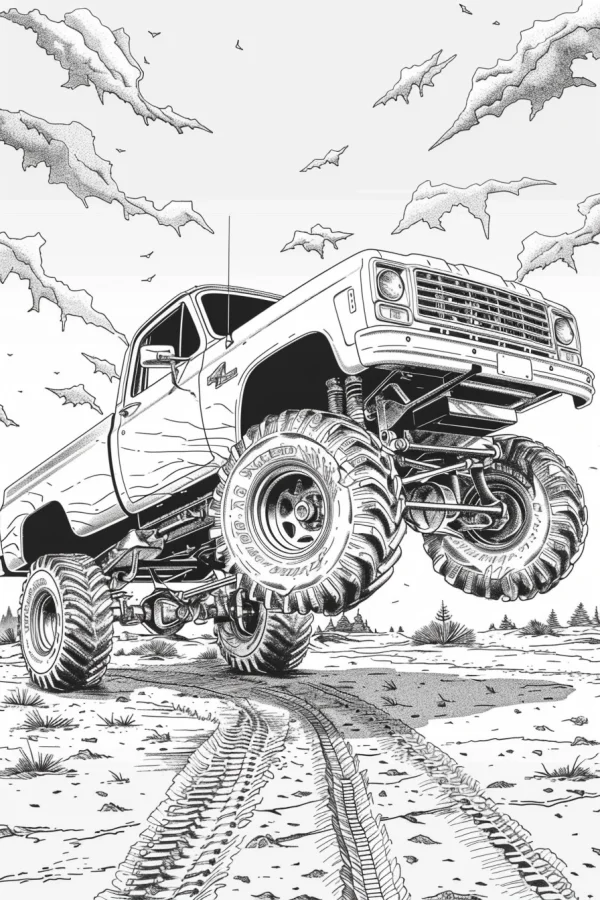Off-road truck, realistic line art style — free printable outdoor adventure coloring book page