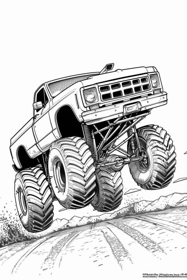 Big foot off-road monster truck, realistic style — free printable off-road sports coloring book page