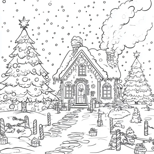 Christmas snow scene cottage, cartoon style — free printable scenes coloring book page