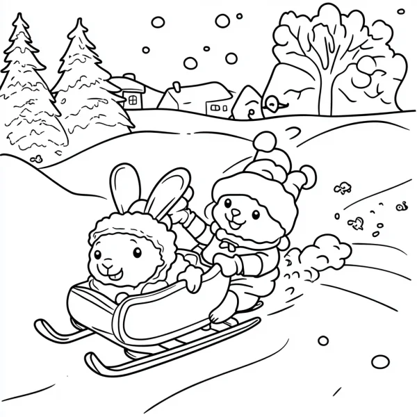 Rabbit and bear riding a sled in winter, cartoon style — free printable skiing coloring book page