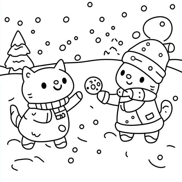 Cartoon kittens playing with snow, winter scene with pine tree and falling snowflakes — free printable childlike coloring book page