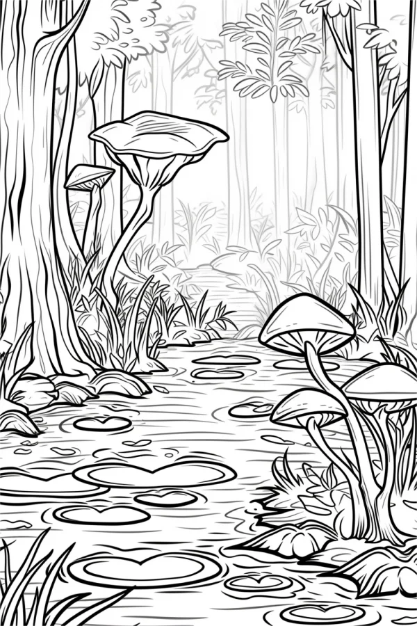 Mushroom group in forest wetland, realistic line art style — free printable wetland coloring book page