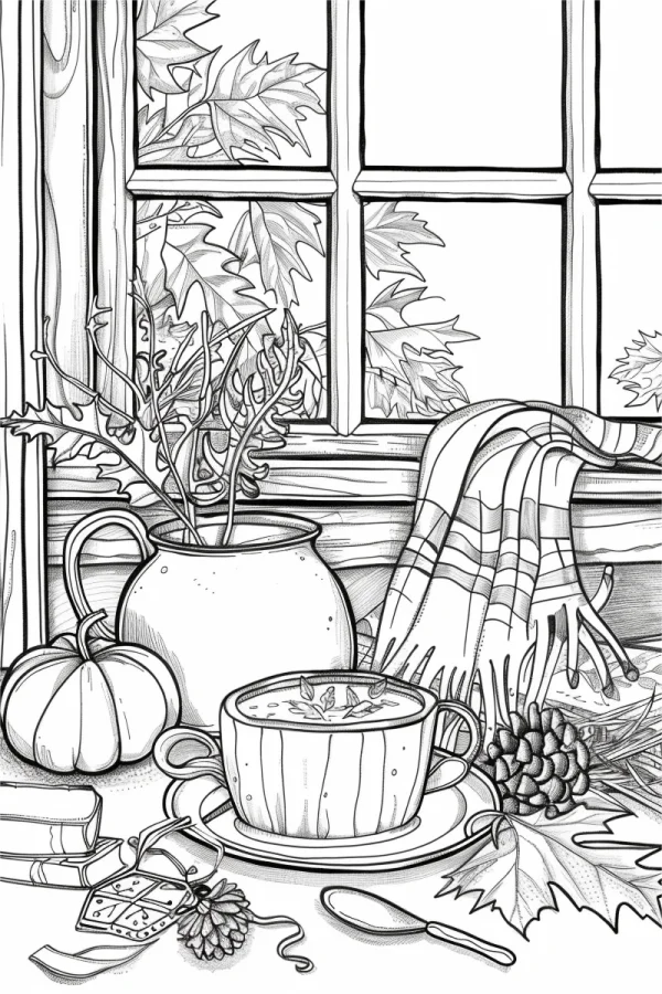 Autumn window sill still life combination with mug, small pumpkin — free printable natural plants coloring book page