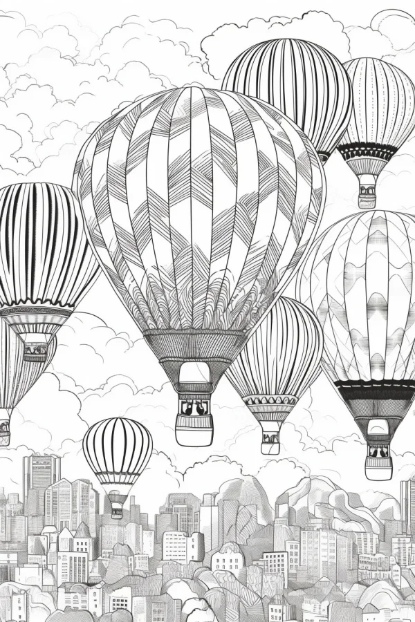 Group of hot air balloons over city skyline, line art style — free printable sky coloring book page