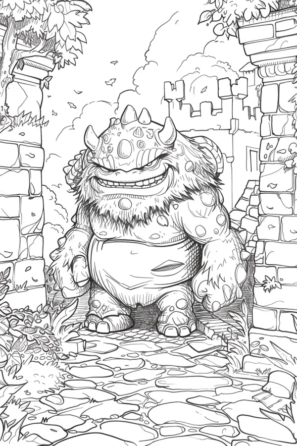 Cute cartoon fantasy monster with horns and sharp teeth, cartoon style — free printable monster coloring book page