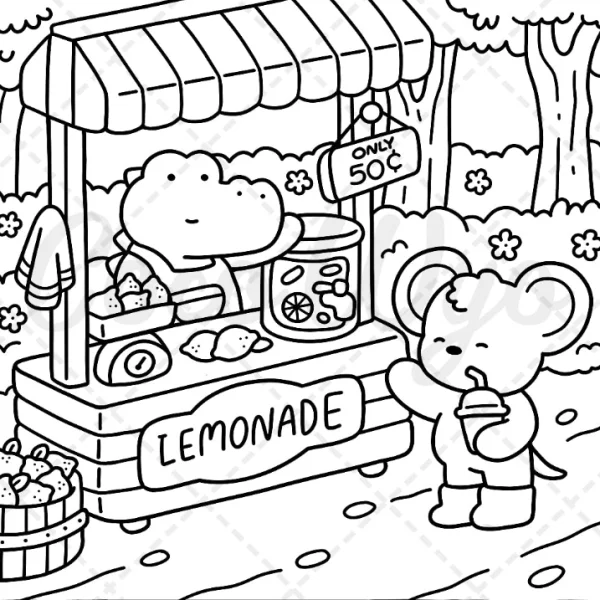 Cute crocodile running a lemonade stand serving a mouse, cartoon style — free printable daily scene coloring book page