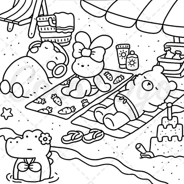 Cute cartoon animals (rabbit, bear — free printable vacation coloring book page