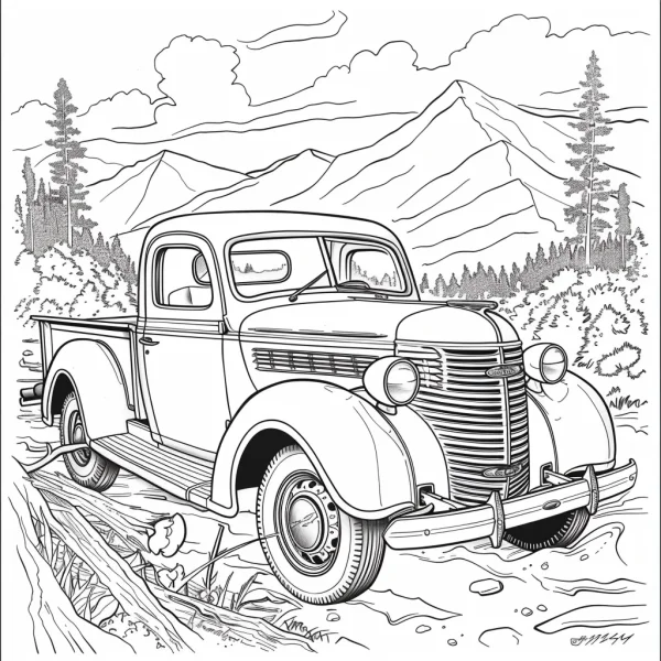 Retro pickup truck, realistic retro style — free printable vintage vehicles coloring book page