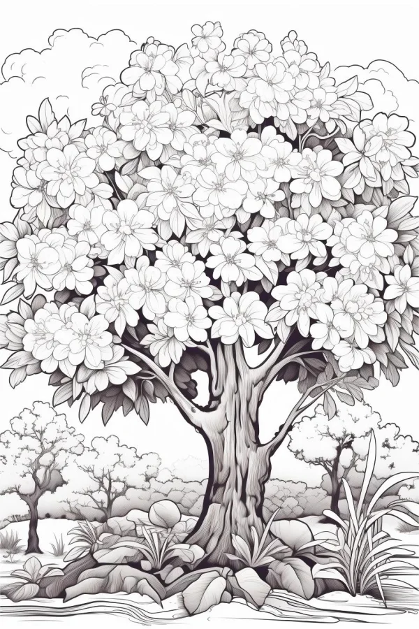 Blooming big tree with abundant white flowers, nature landscape style — free printable flower season coloring book page
