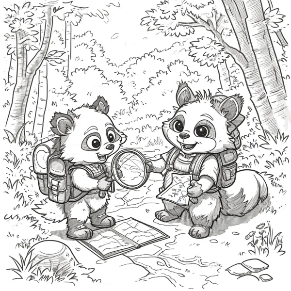 Two cartoon red pandas on an adventure in forest, cartoon style — free printable hiking coloring book page