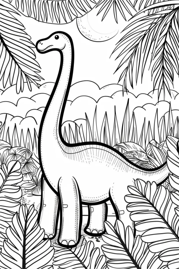 Long-necked dinosaur, cartoon style — free printable rainforest coloring book page