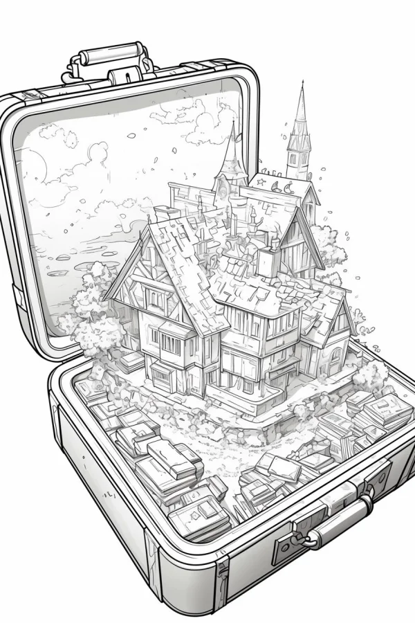 Miniature town inside an open suitcase, fantasy illustration style — free printable miniature world coloring book page