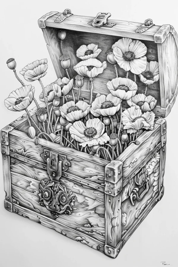 Vintage wooden chest full of poppies, realistic sketch style — free printable still life coloring book page