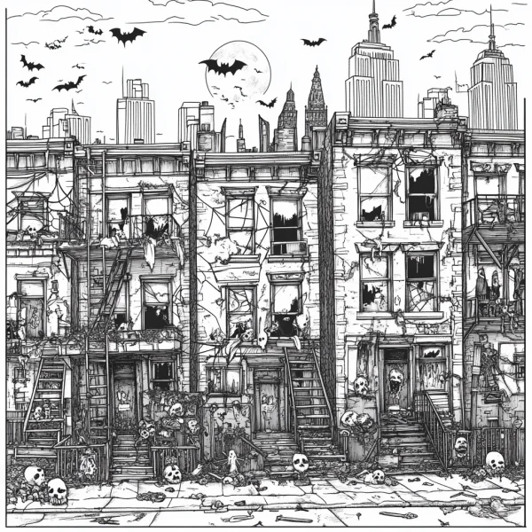 Spooky halloween city block with dilapidated residential buildings, gothic horror style — free printable city block coloring book page