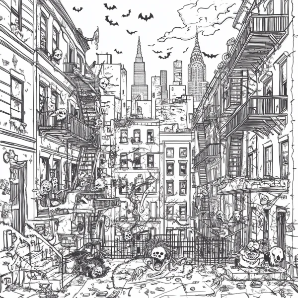 Zombie skeletons in urban ruins, horror dark realistic style — free printable zombies coloring book page