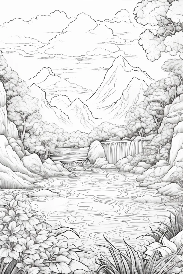 Landscape with mountains, waterfall and river — free printable waterfall coloring book page