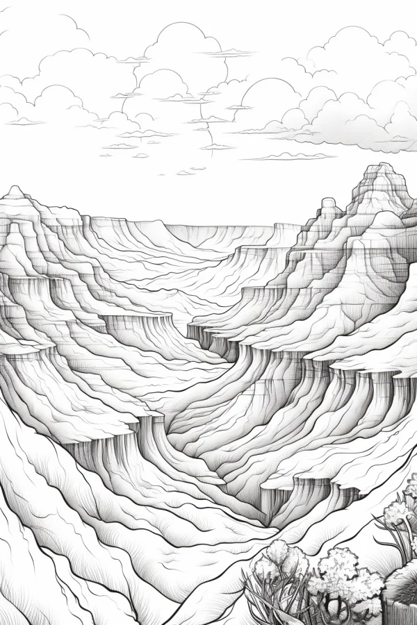 Canyon landscape, realistic line art style — free printable canyon coloring book page