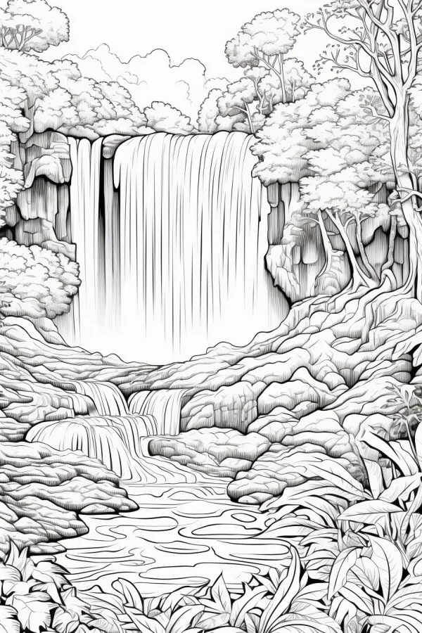 Forest waterfall natural scene, realistic illustration style — free printable waterfall coloring book page
