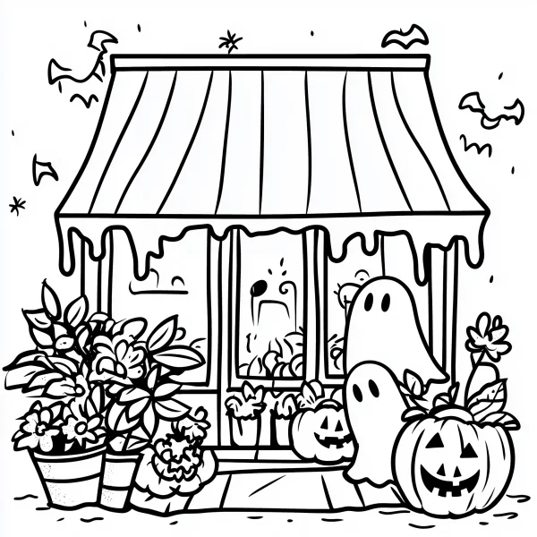 Halloween themed small shop with cute ghosts and jack-o'-lanterns, cartoon style — free printable scenes coloring book page