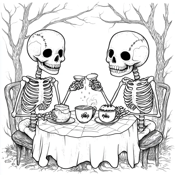 Two skeletons having a tea party, gothic style — free printable afternoon tea coloring book page