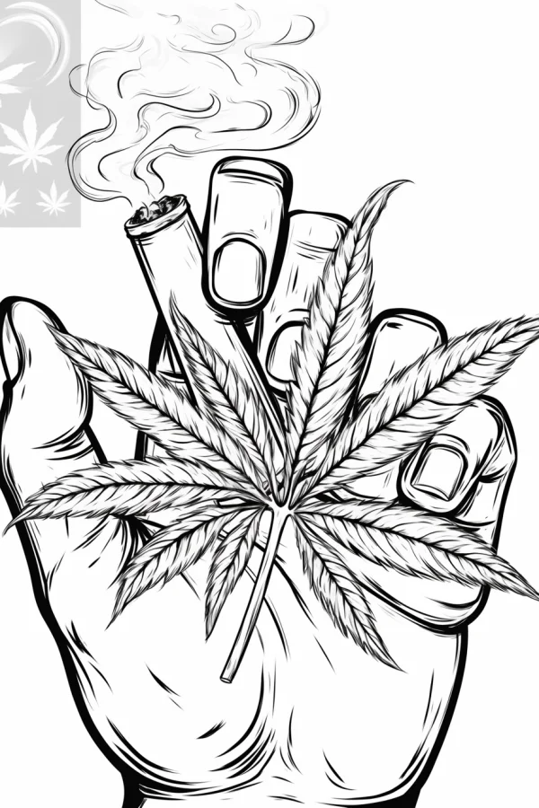 Hand holding marijuana joint and cannabis leaf, realistic illustration style — free printable cannabis culture coloring book page