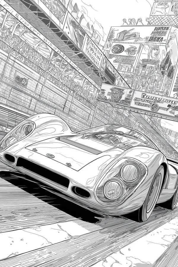 Vintage racing car, realistic illustration style — free printable arena coloring book page