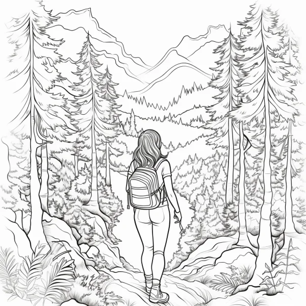 Hiking girl with backpack, realistic illustration style — free printable hiking coloring book page