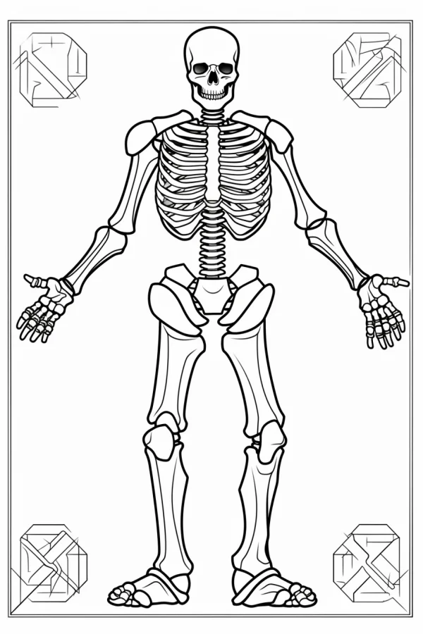 Full human skeleton, realistic line art style — free printable human skeleton coloring book page