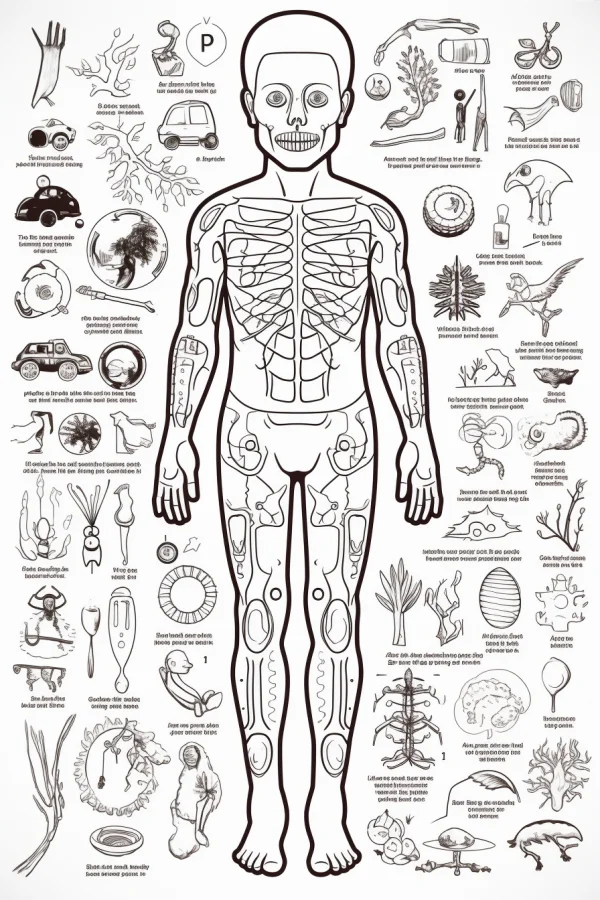 Coloring book page, skeleton human body as main subject — free printable popular science coloring book page