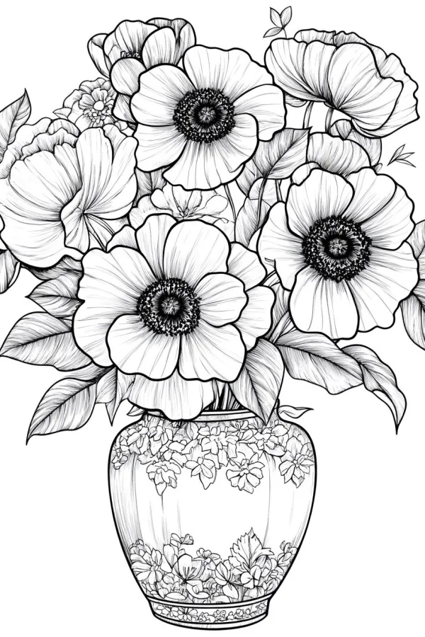 Floral arrangement in decorative ceramic vase, sketch style — free printable still life coloring book page