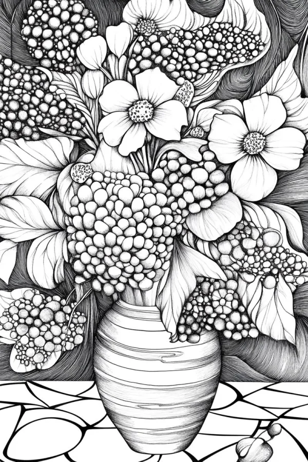 Vase with assorted flowers and decorative berry patterns, realistic line art style — free printable still life coloring book page