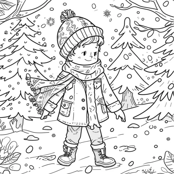 Little boy in winter outdoor wearing knit hat and scarf, cartoon style — free printable children's life coloring book page