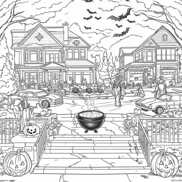 Halloween suburban neighborhood horror scene, detailed outlines of houses — free printable community life coloring book page