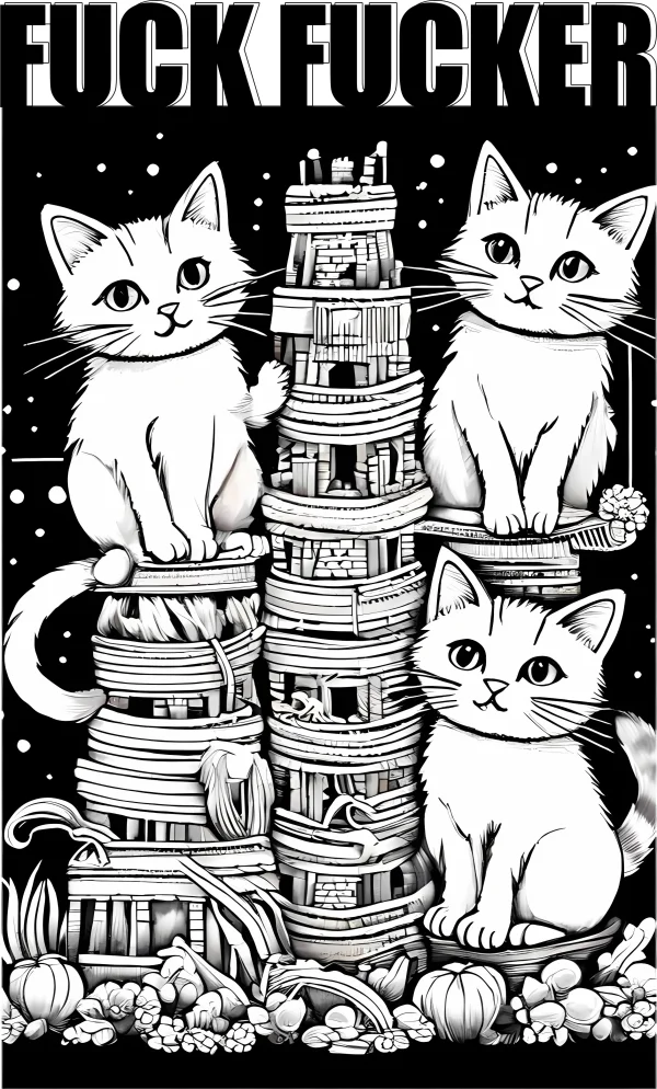 Three cute cartoon cats sitting on a leaning tower, with pumpkins and floral plants at the base — free printable quirky coloring book page
