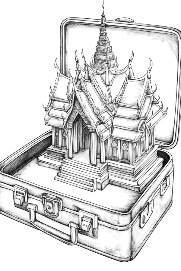 Thai temple inside an open suitcase, sketch style — free printable southeast asia coloring book page