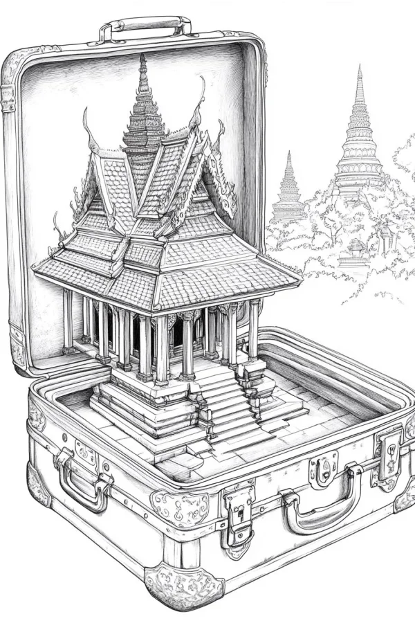 Southeast asian traditional temple inside a vintage suitcase, southeast asian cultural art style — free printable southeast asian culture coloring book page