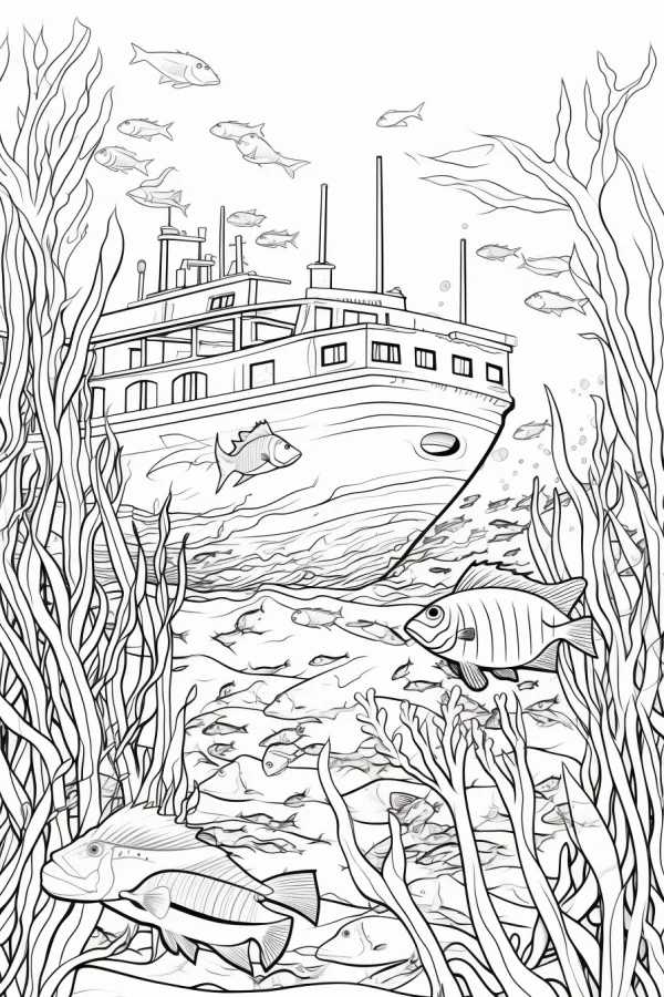 Underwater shipwreck with various sea fish, line art style — free printable shipwreck coloring book page