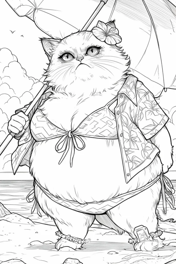 Chubby cat in beach vacation outfit with hibiscus flower on head, cartoon style — free printable vacation coloring book page