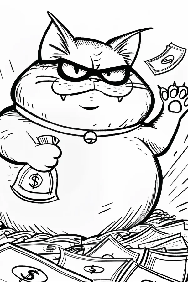 Chubby rich cat with sunglasses, cartoon style — free printable wealth coloring book page