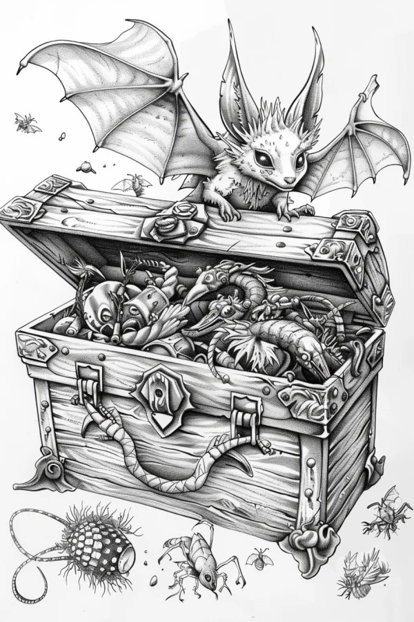 Cute winged fantasy creature perched on a wooden treasure chest filled with strange fantasy creatures, black and white detailed line art — free printable treasure coloring book page