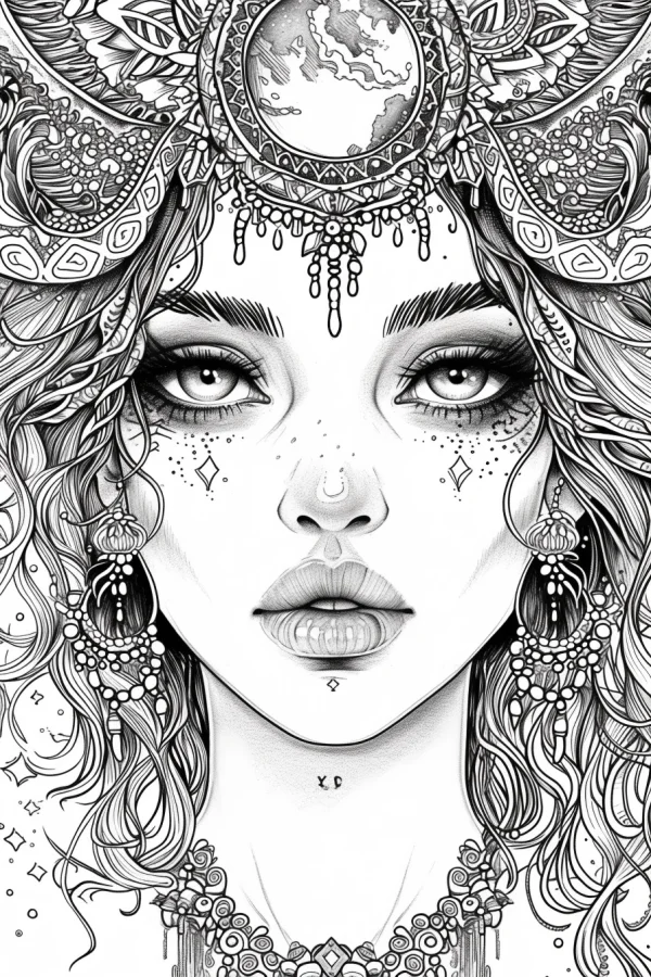 Close-up portrait of ornate fantasy girl with intricate ethnic decorative patterns, headdress with globe motif — free printable ethnic culture coloring book page