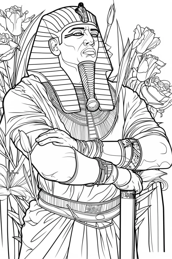 Ancient egyptian pharaoh with crossed arms, egyptian cultural style — free printable egypt coloring book page